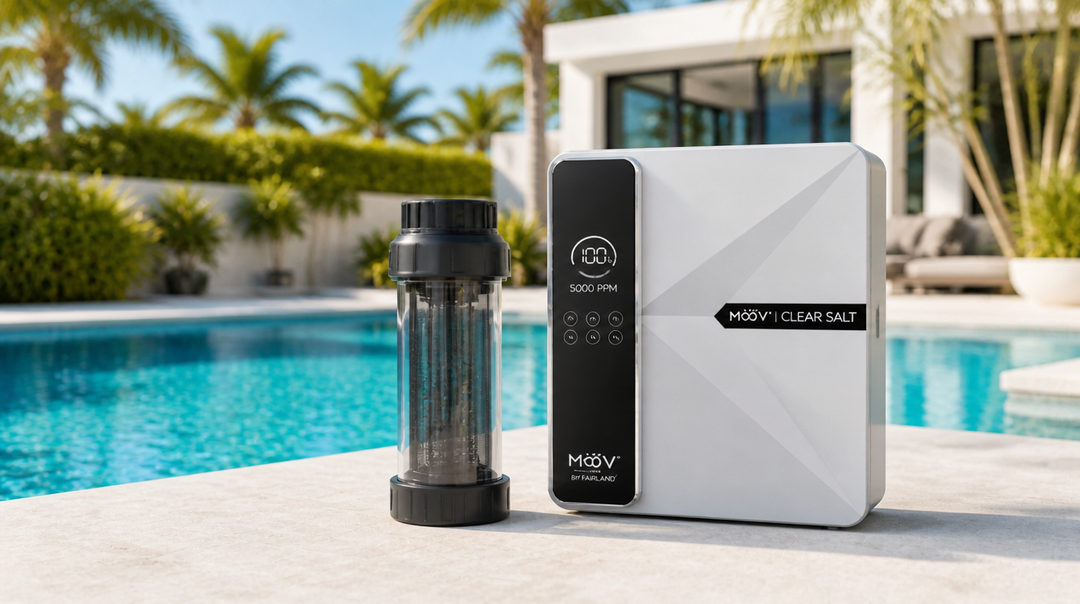 Moov ClearSalt salt chlorine generator beside a Florida pool