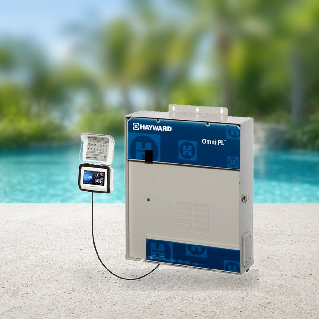 Pool automation control panel beside a pool