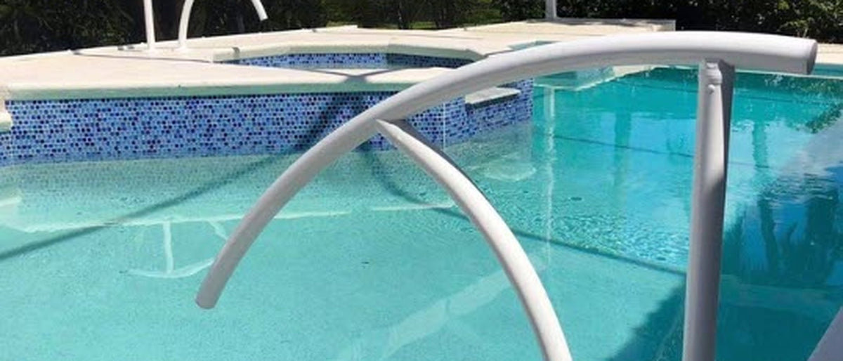 Saftron powder coated pool rails installed poolside