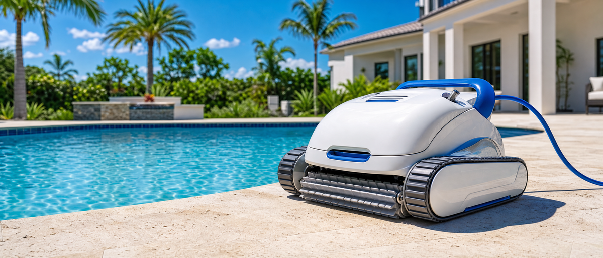 Robotic pool cleaner on a sunlit pool deck