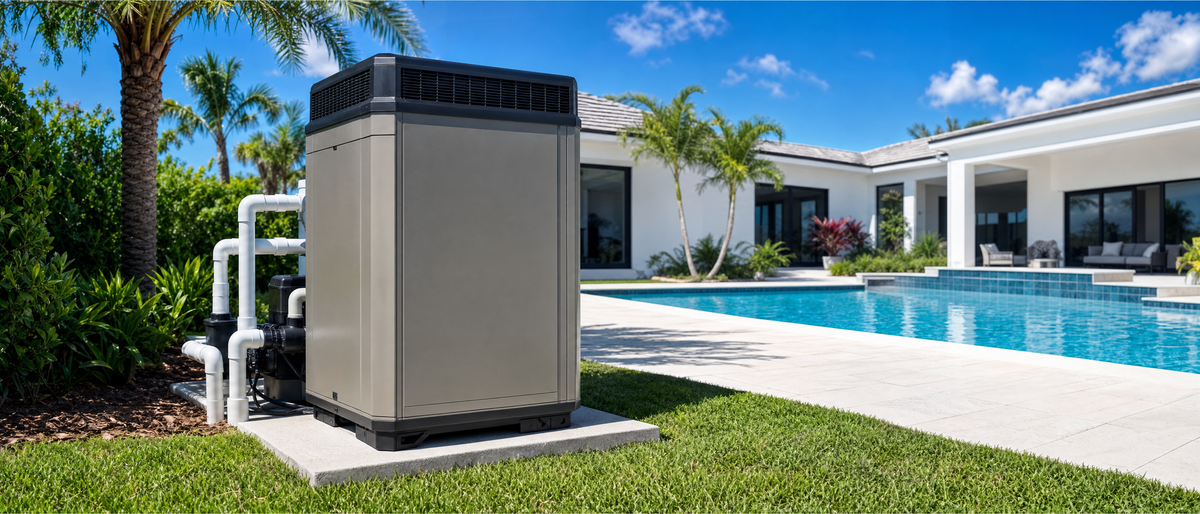 Pool heater installed beside a sunlit pool