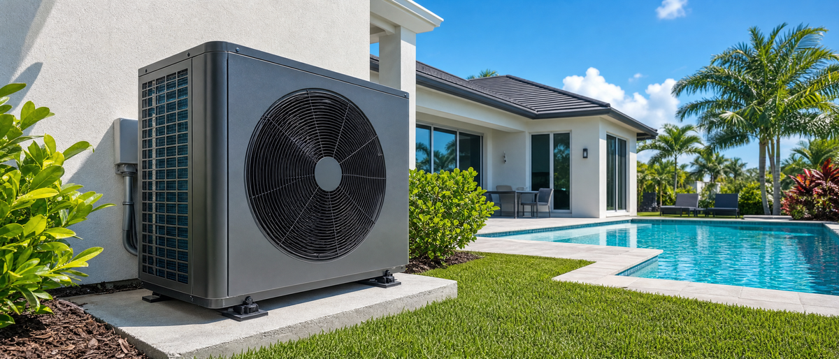 Pool heat pump on a pad beside a sunlit pool