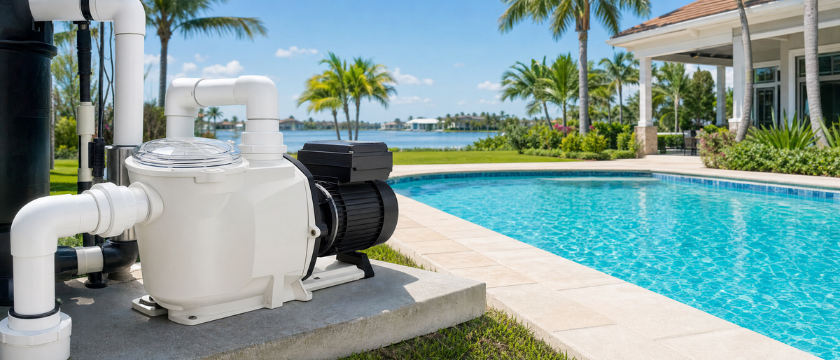 Variable speed pool pump on a pad beside a sunlit pool