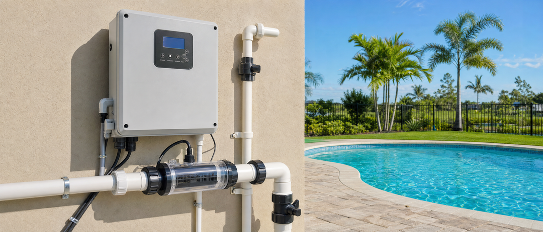 Salt chlorine generator control box and cell beside a sunlit pool