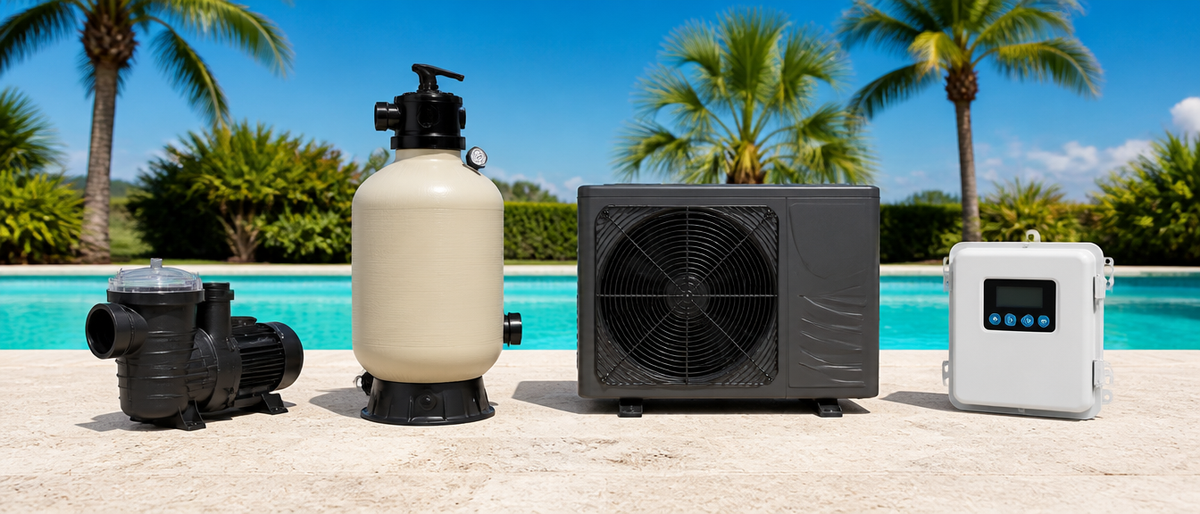 Full set of pool equipment on a sunlit pool deck