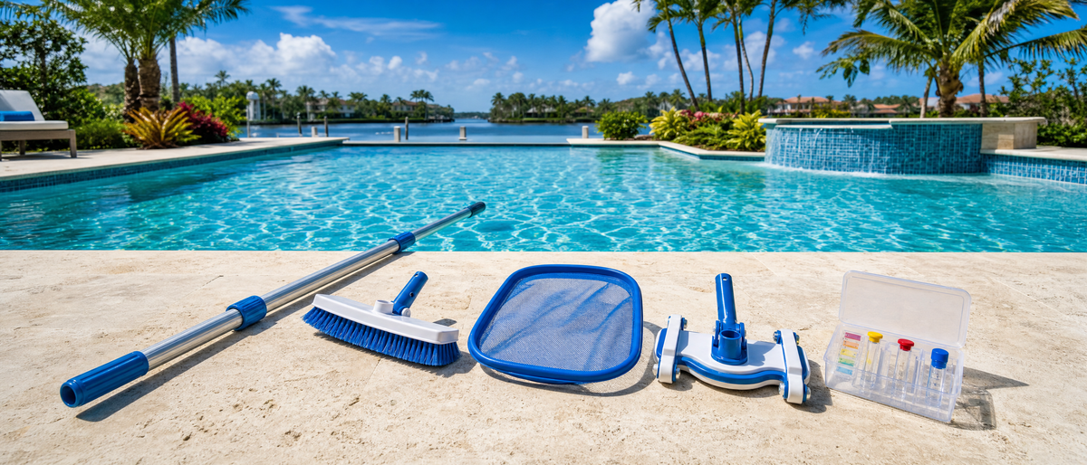 Pool maintenance tools on a sunlit pool deck