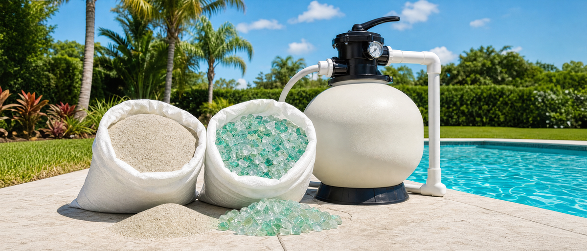 Filter sand and glass media beside a sand filter tank