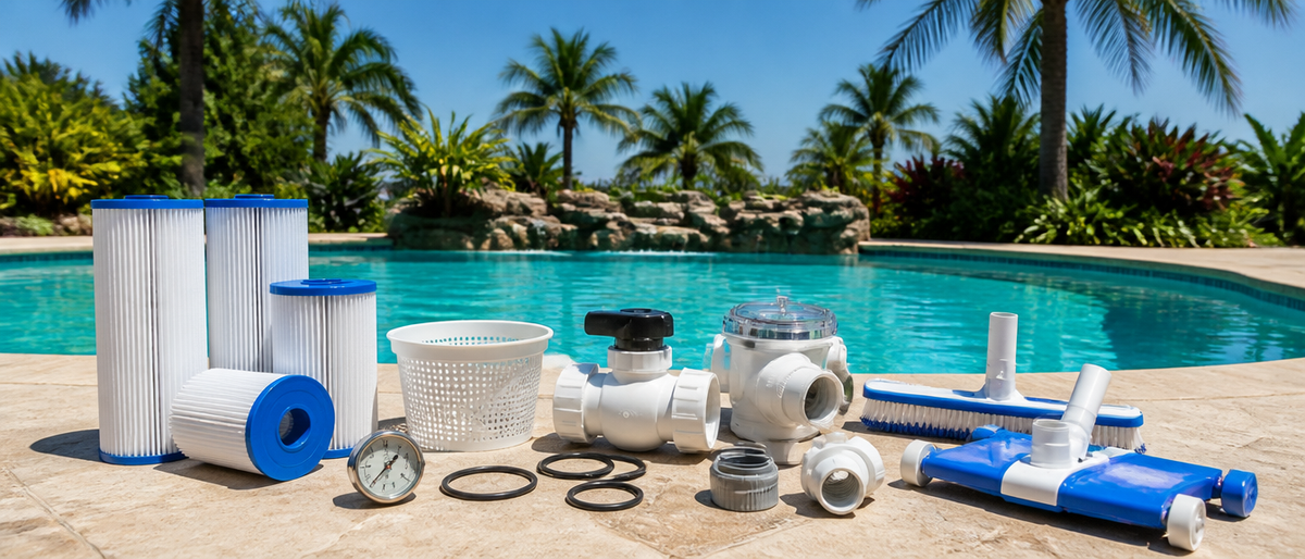 Pool parts and accessories on a sunlit pool deck