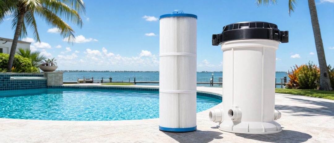 Pool cartridge filter element on a sunlit pool deck
