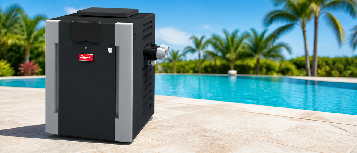 Raypak pool heater beside a sunlit pool