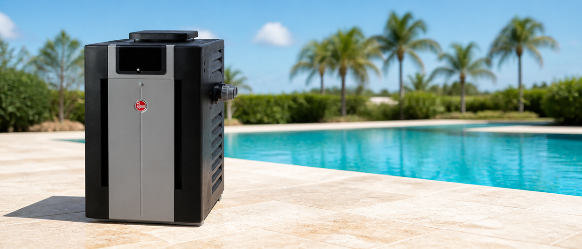 Rheem digital polymer pool heater beside a sunlit pool