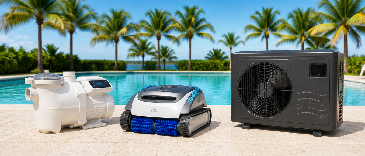 Popular pool equipment on a sunlit pool deck