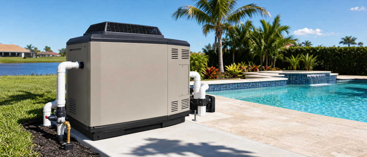 Gas pool heater on a pad beside a sunlit pool