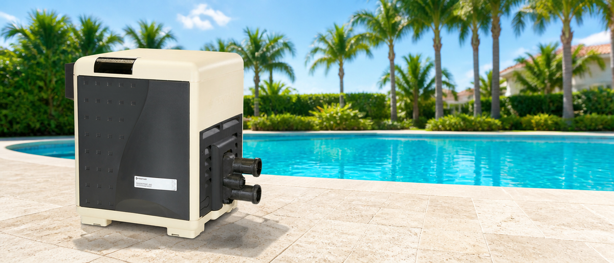 Pentair MasterTemp gas heater beside a sunlit pool