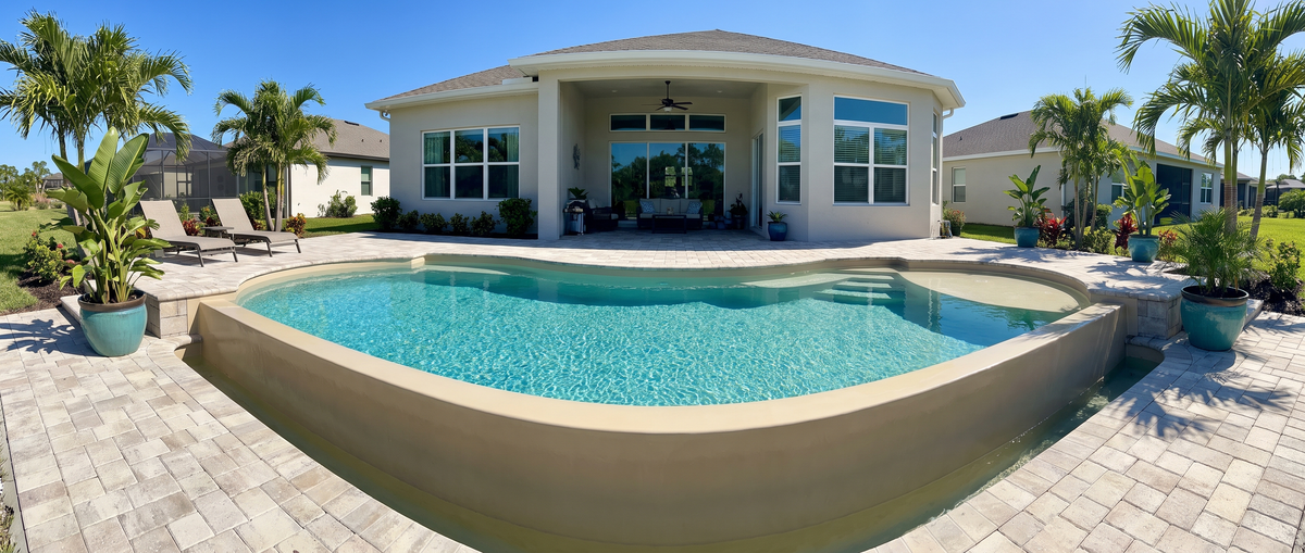 Fiberglass swimming pool in a Florida backyard in bright daylight