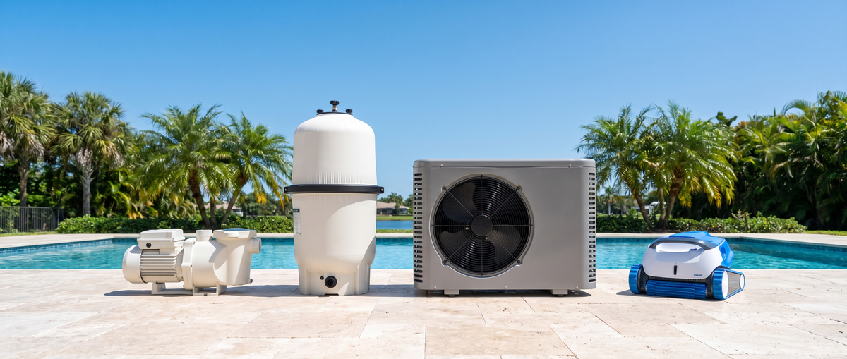 Pool pump, filter, heat pump and robotic cleaner beside a sunlit pool