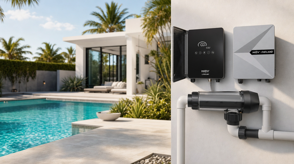 Moov ClearSalt chlorination system on an equipment wall by a luxury pool