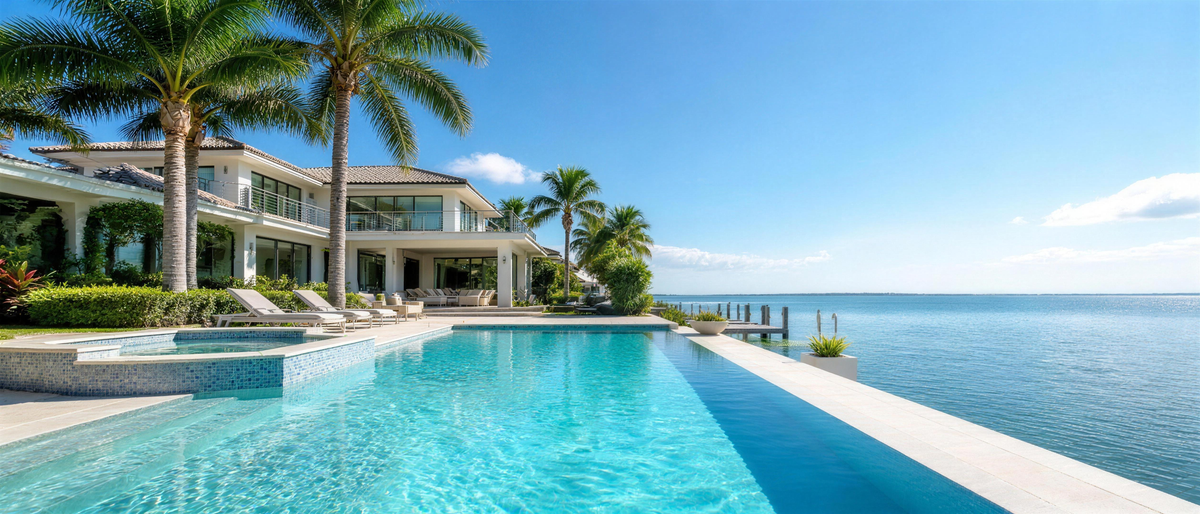 Luxury Florida pool in bright daylight with palms and a waterfront view